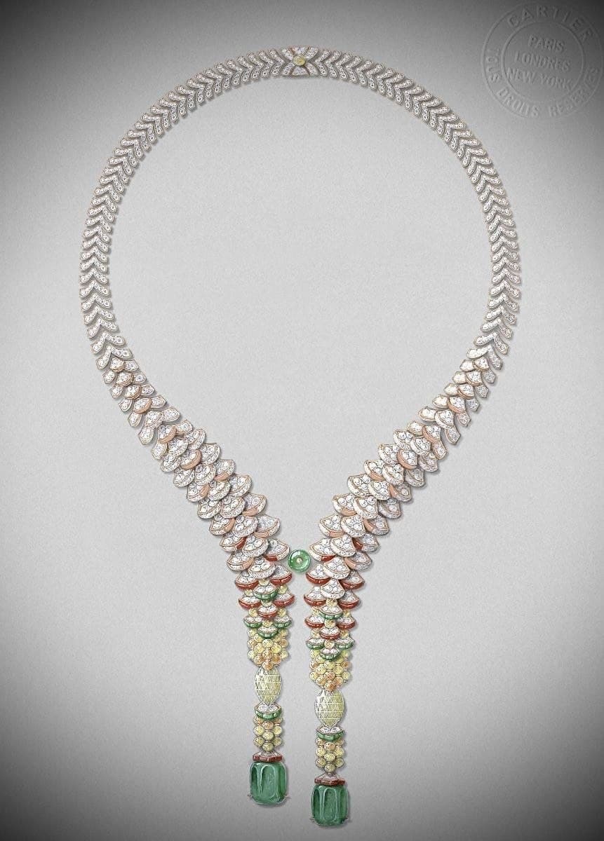 Hand-painted gouache drawing of a diamond and emerald necklace