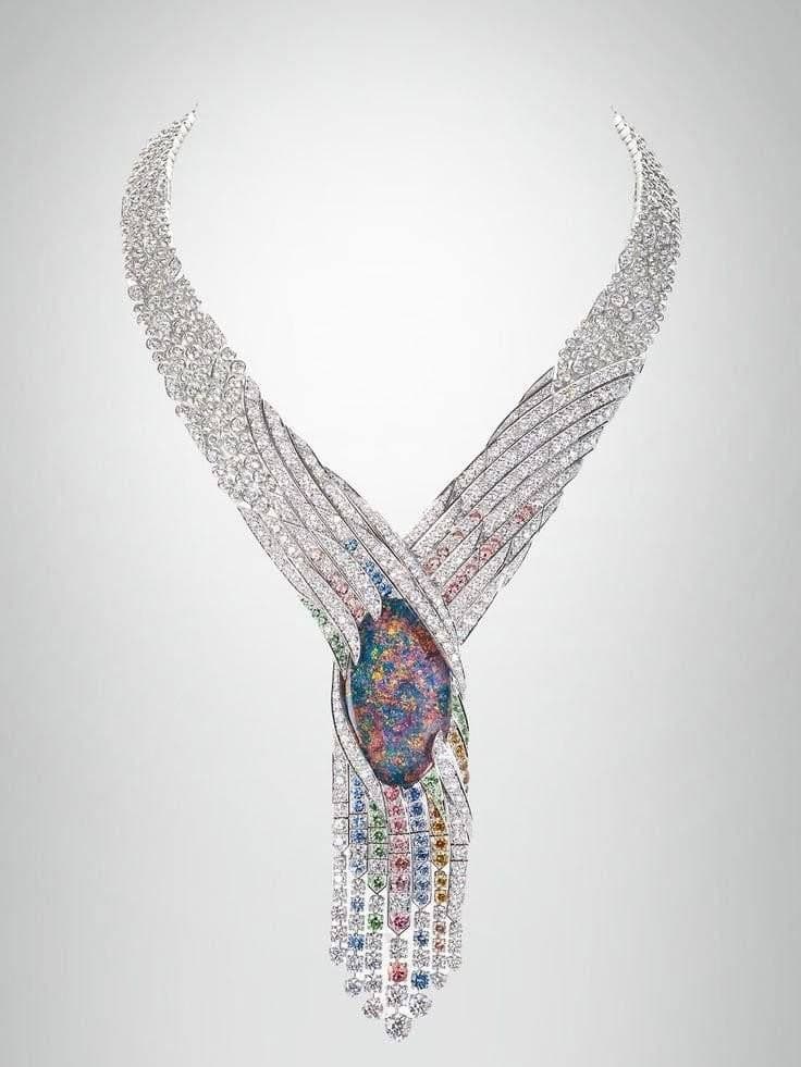 Black opal necklace with cascading coloured stone fringe
