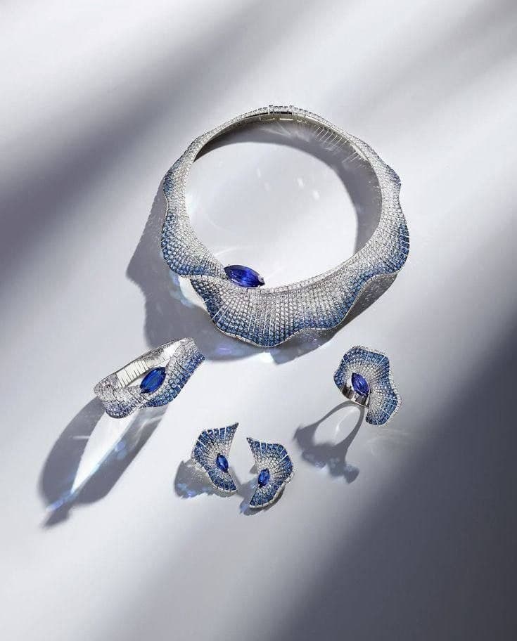 The Sapphire Tide parure by lamplight
