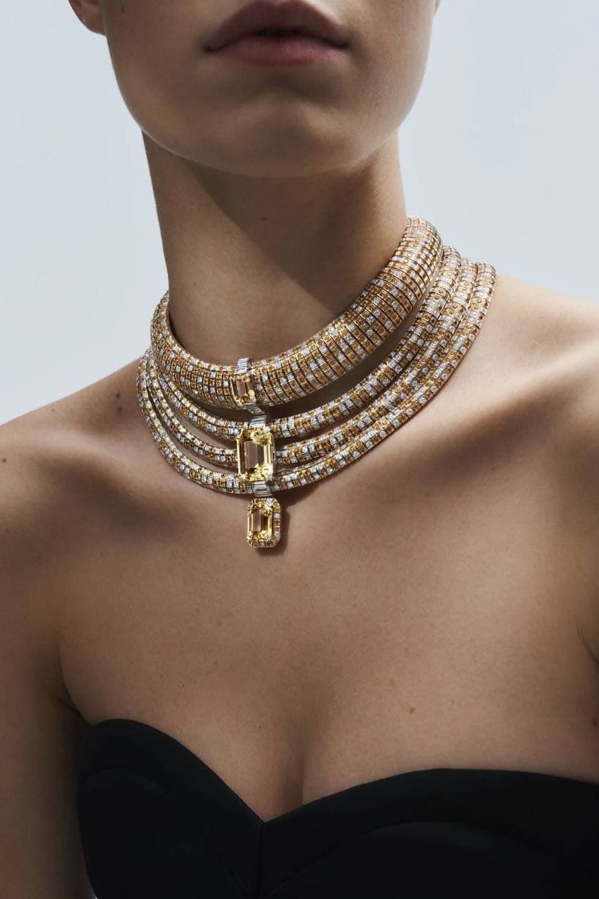 Yellow sapphire rows worn as a high collar